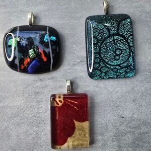 Lot of 3 Fused Glass Pendant Teal Dichroic Red Floral Black Millefiori Art Glass